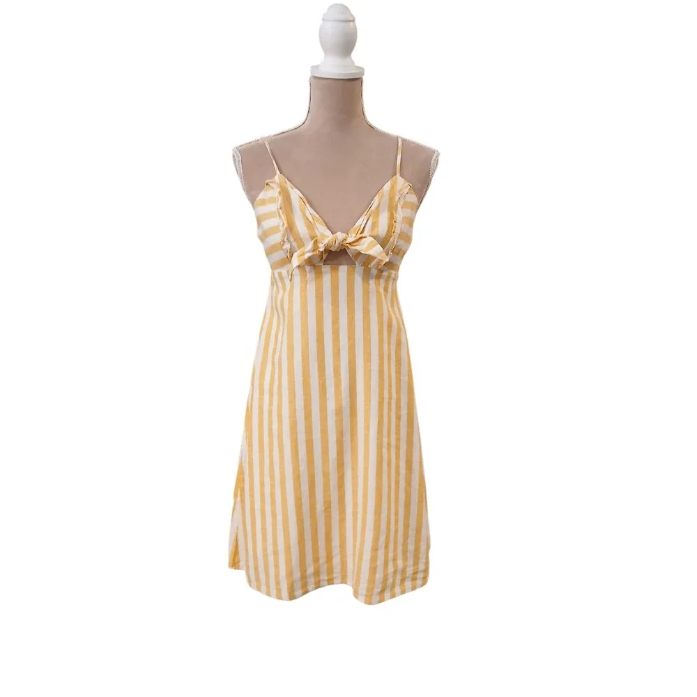CAD Babydoll Yellow White Stripe Tie Front Cutout Sundress Small Bow Kawaii